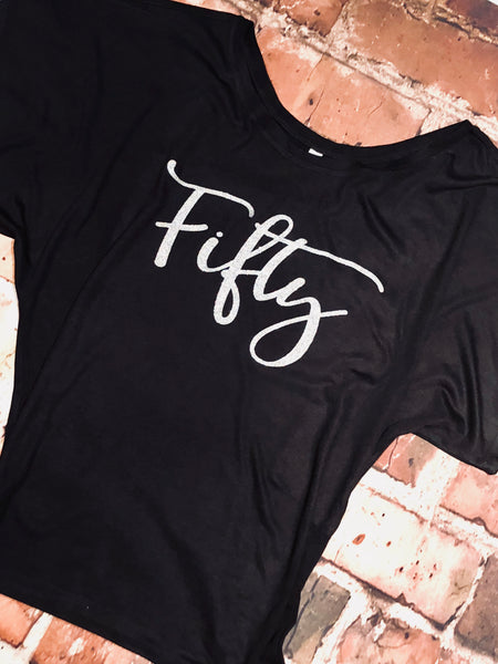 Fifty - Off the Shoulder Glitter Birthday Tee