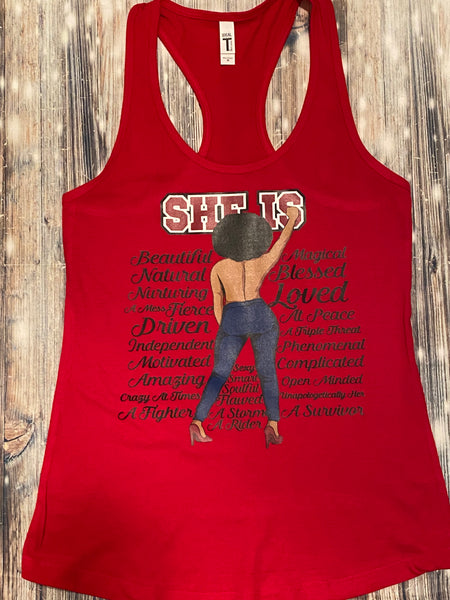 She is...Red racer back tank